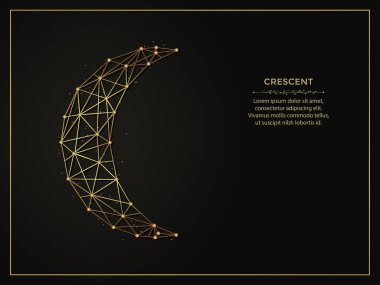 Koyu arkaplanda hilal altından soyut çizimler. Çizgiler ve noktalardan yapılmış geometrik şekilli çokgen şablon.