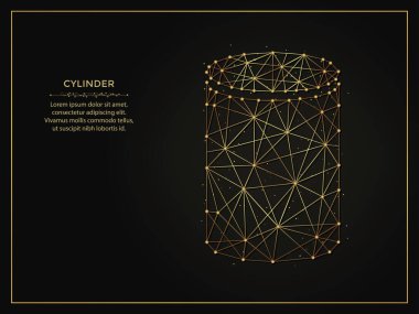 Silindir altın soyut çizimi koyu arkaplanda. Çizgiler ve noktalardan yapılmış geometrik şekilli çokgen şablon.