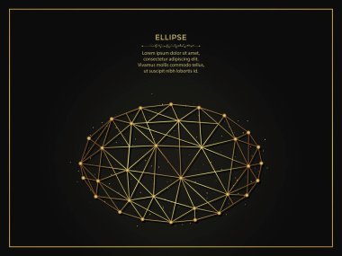Karanlık arka planda elips altın soyut çizim. Çizgiler ve noktalardan yapılmış geometrik şekilli çokgen şablon.