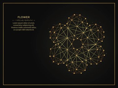 Çiçek sembolü, koyu arkaplanda altın soyut çizim. Çizgiler ve noktalardan yapılmış geometrik şekilli çokgen şablon.