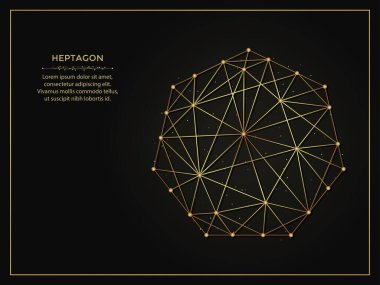 Heptagon altın soyut çizimi koyu arkaplanda. Çizgiler ve noktalardan yapılmış geometrik şekilli çokgen şablon.