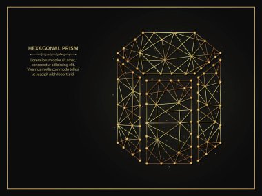 Altıgen prizma, koyu arkaplanda altın soyut illüstrasyon. Çizgiler ve noktalardan yapılmış geometrik şekilli çokgen şablon.