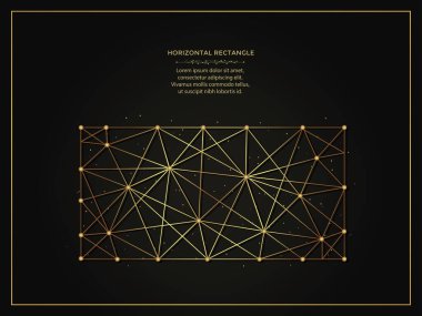 Yatay dikdörtgen, koyu arkaplanda altın soyut çizim. Çizgiler ve noktalardan yapılmış geometrik şekilli çokgen şablon.