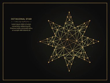 Koyu arkaplanda sekizgen yıldız soyut çizimi. Çizgiler ve noktalardan yapılmış geometrik şekilli çokgen şablon.