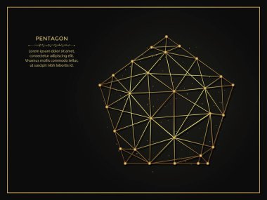 Pentagon altın soyut çizimi koyu arka planda. Çizgiler ve noktalardan yapılmış geometrik şekilli çokgen şablon.