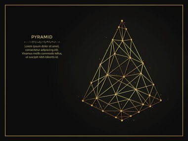 Koyu arkaplanda piramit altın soyut çizimi. Çizgiler ve noktalardan yapılmış geometrik şekilli çokgen şablon.