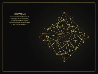 Koyu arkaplanda Rhombus altın soyut çizimi. Çizgiler ve noktalardan yapılmış geometrik şekilli çokgen şablon.