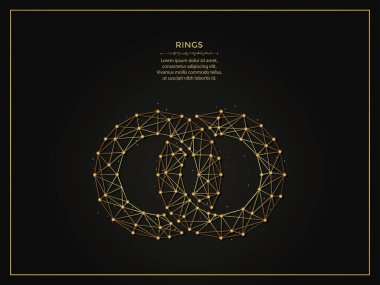 Bağlı halkalar koyu arkaplanda altın soyut çizimler. Çizgiler ve noktalardan yapılmış geometrik şekilli çokgen şablon.