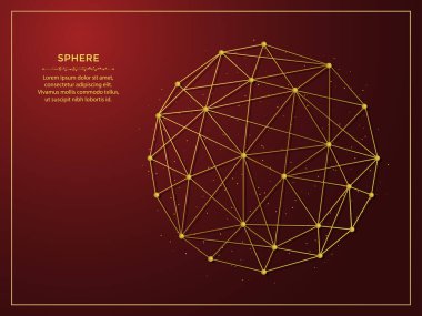 Koyu kırmızı arkaplanda küre altın soyut çizim. Çizgiler ve noktalardan yapılmış geometrik şekilli çokgen şablon.