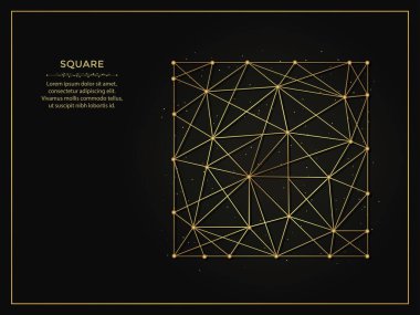 Kare altın soyut çizimler koyu arkaplanda. Çizgiler ve noktalardan yapılmış geometrik şekilli çokgen şablon.