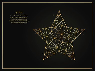 Koyu arkaplanda beş köşeli yıldız soyut çizimi. Çizgiler ve noktalardan yapılmış geometrik şekilli çokgen şablon.