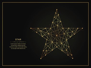 Koyu arkaplanda beş köşeli yıldız soyut çizimi. Çizgiler ve noktalardan yapılmış geometrik şekilli çokgen şablon.
