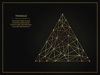 Karanlık arka planda üçgen ya da delta altın soyut çizimi. Çizgiler ve noktalardan yapılmış geometrik şekilli çokgen şablon.