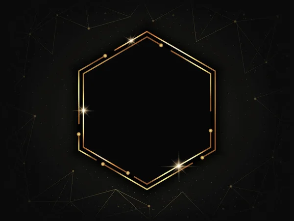 Altın lüks altıgen çerçeve. Çizgiler ve noktalardan yapılmış geometrik çokgen şablon. Koyu arkaplanda düşük polimerli illüstrasyon