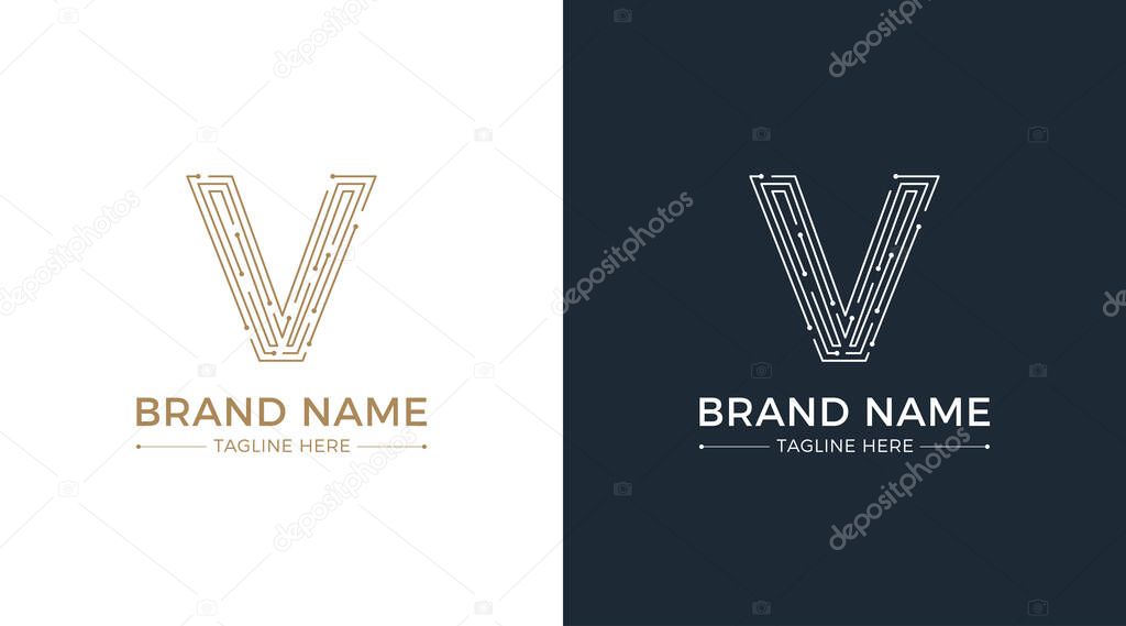 Letter v made of lines and dots logo on a white and blue background