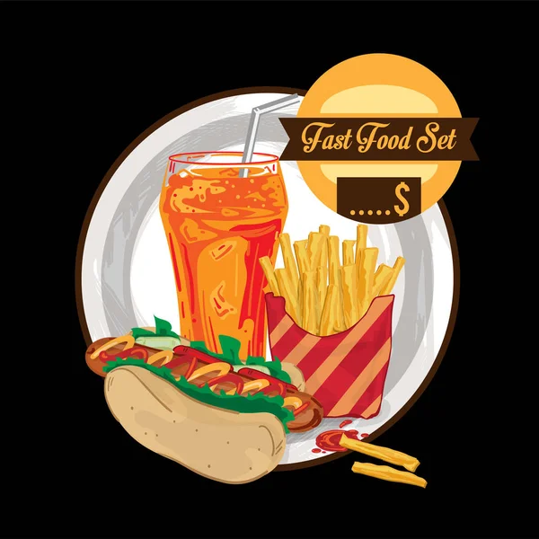 Menú Fastfood Diseño Gráfico Conjunto Hot Dog Papas Fritas Refresco — Archivo Imágenes Vectoriales