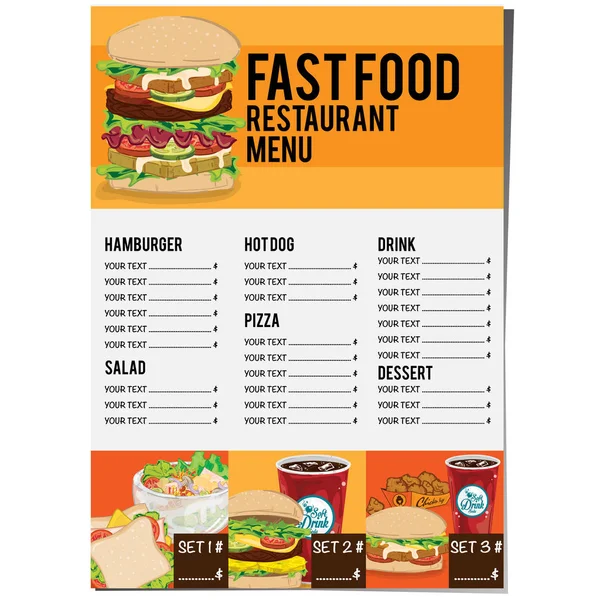Menu Fastfood Modelo Gráfico Conjunto Design —  Vetores de Stock