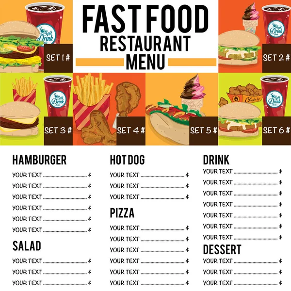 Menú Fastfood Plantilla Diseño Gráfico Conjunto — Vector de stock