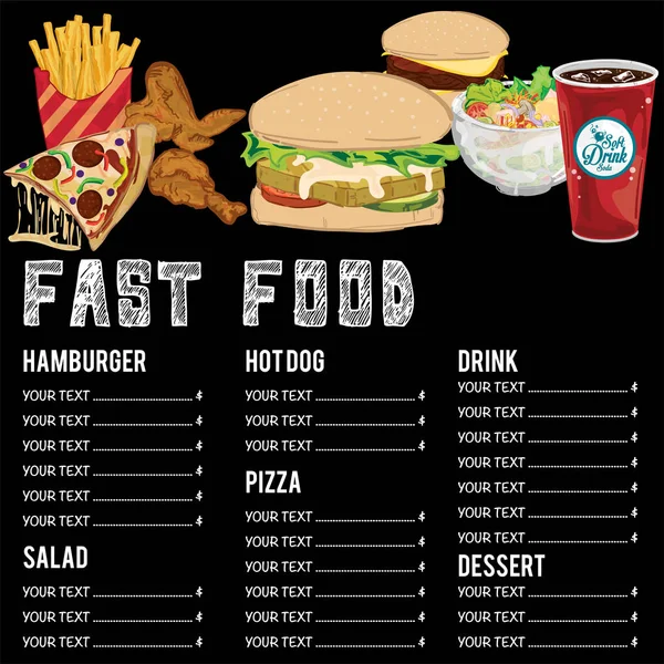 Menú Fastfood Plantilla Diseño Gráfico Conjunto — Vector de stock