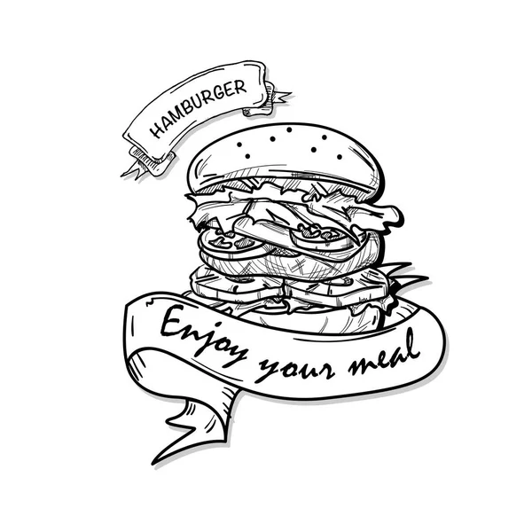 Fast Food Hamburger Tekening Object Zwart Wit — Stockvector