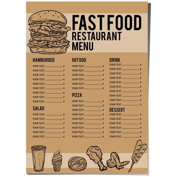 Menu Fastfood Modello Design Set Grafico — Vettoriale Stock