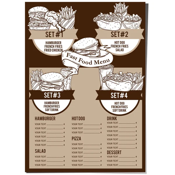 Menú Fastfood Plantilla Diseño Gráfico Conjunto — Vector de stock