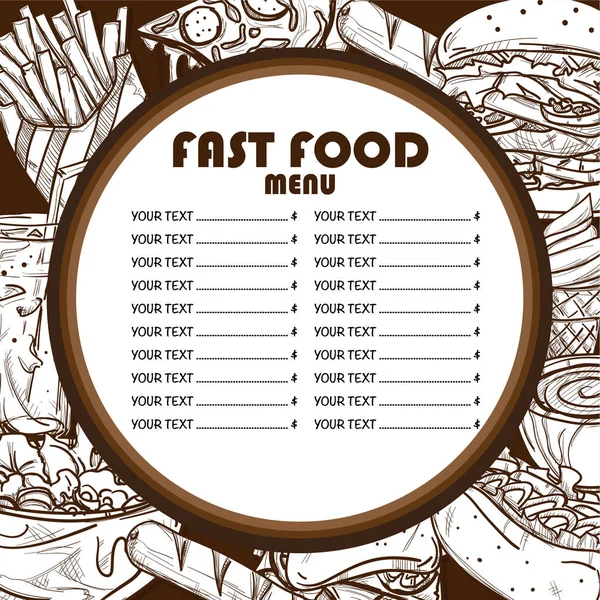 Menú Fastfood Diseño Plantilla Gráfico Dibujo Conjunto — Vector de stock