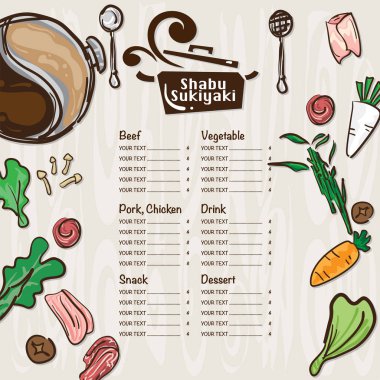 Menü shabu sukiyaki Restoran şablon tasarım grafik nesneleri 