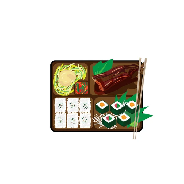 Japonês Bento Caixa Comida Conjunto Gráfico Objeto — Vetor de Stock