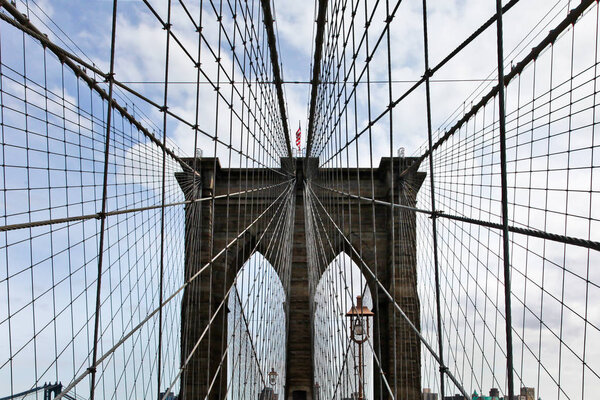 NEW YORK, NY -APRIL 27, 2011: Brooklyn bridge view with blue sky in New York City.