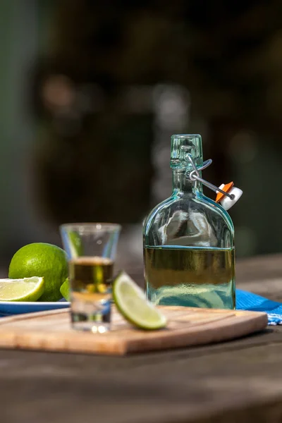 Tequila dentro de vidrio y botella — Foto de Stock