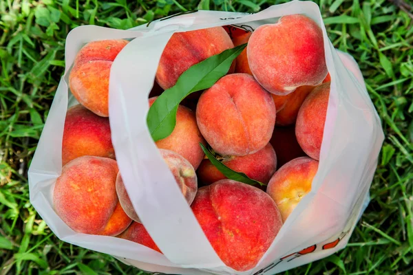 Fresh peaches inside plastic bag