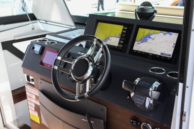 Axopar 37 Cabin shoving on Progressive Norwalk Boat Show