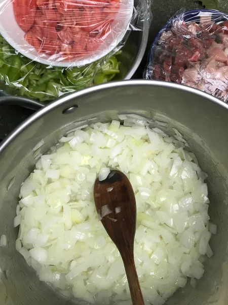 Onions Pot Wooden Spoon Other Ingredients — Stock Photo, Image