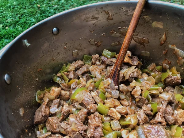 Pork Beef Meat Goulash Stew Wooden Spoon Pot Cooking — Stock Photo, Image