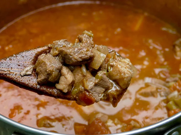 Goulash Pork Beef Meat Wooden Spoon Pot Goulash Background — Stock Photo, Image