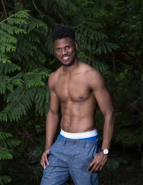 Young Fit Black Single Man Abs Shirtless Woods Healthy Smiling — Stock Photo, Image