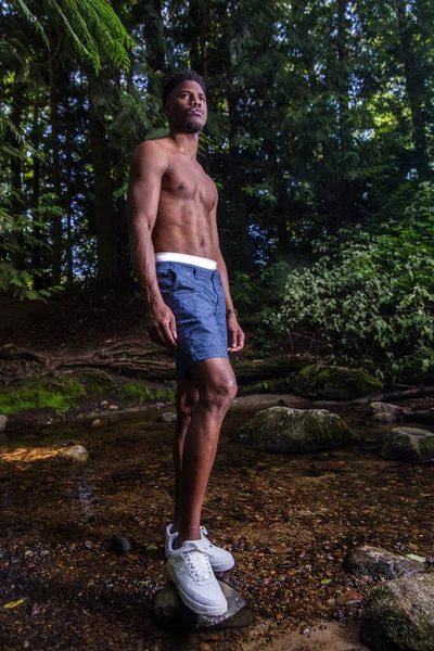 Young Fit Black Single Man Abs Shirtless Woods Healthy Serious — Stock Photo, Image