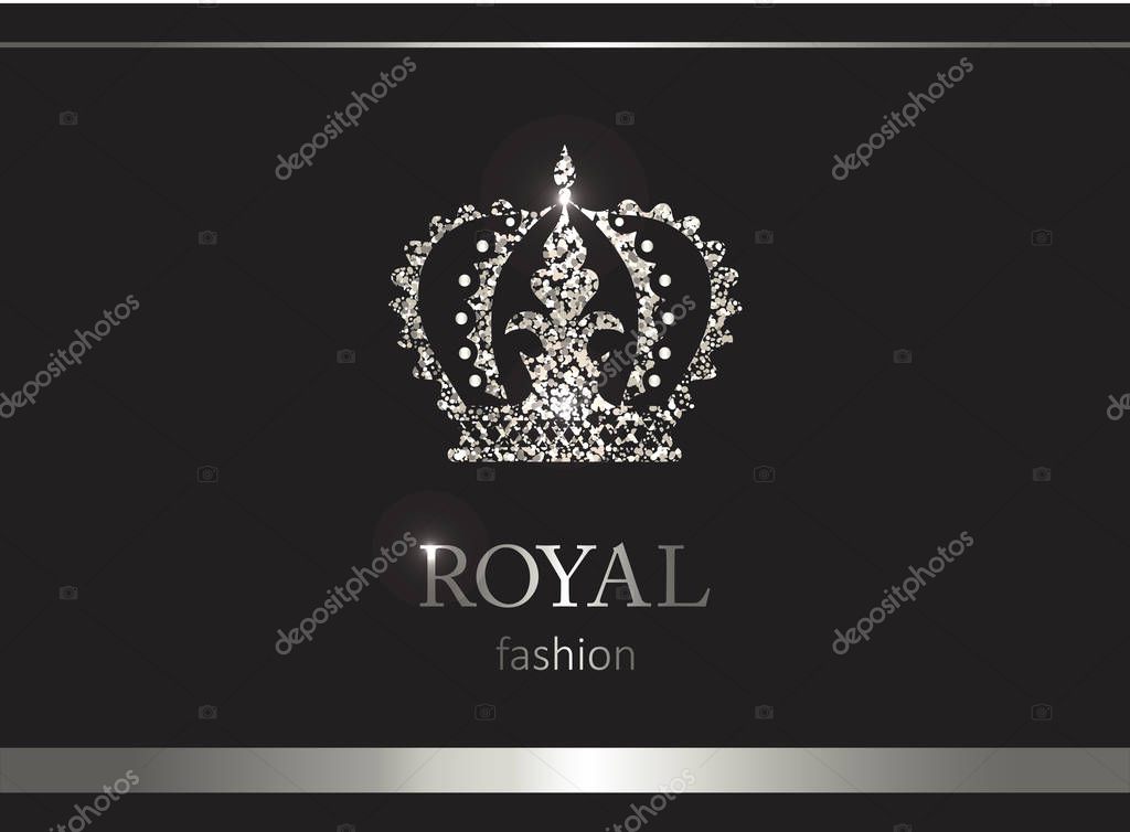 Silver crown. Luxury label, emblem or packing. Logo design. Fashion banner with glitter and shine.