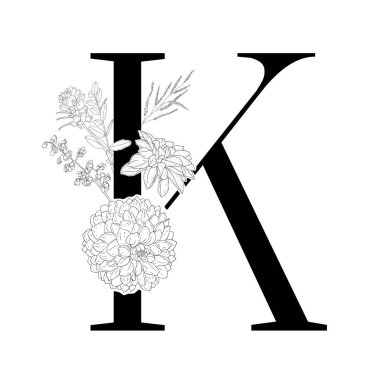 Çiçekli alfabe. Dekoratif serif mektup.