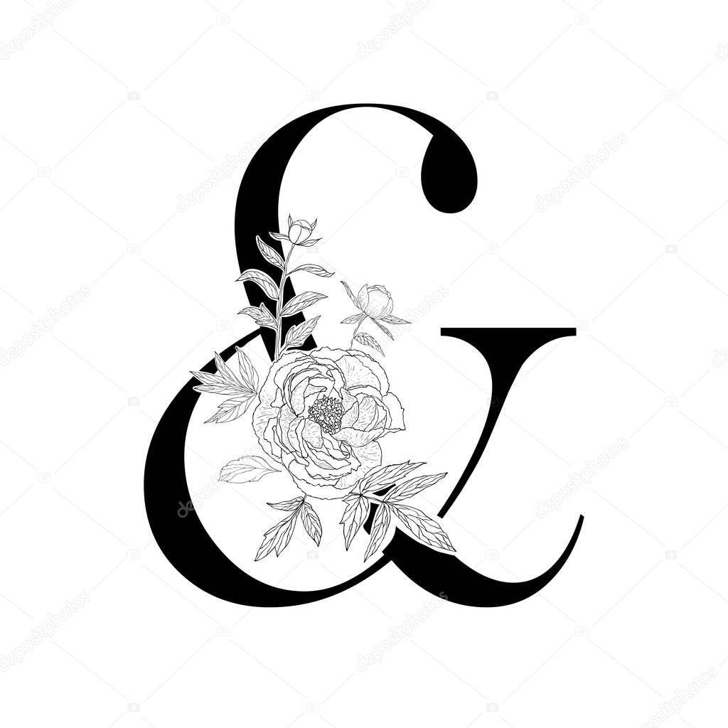 Decorative floral ampersand on the white background.
