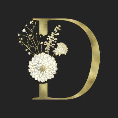 Çiçekli alfabe ve altın serif mektup. Vektör.
