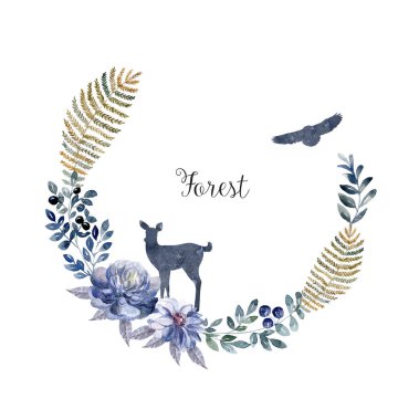 Hayvanlar ve çiçekler suluboya çerçeveli. Orman kartı