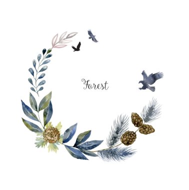 Hayvanlar ve çiçekler suluboya çerçeveli. Orman kartı