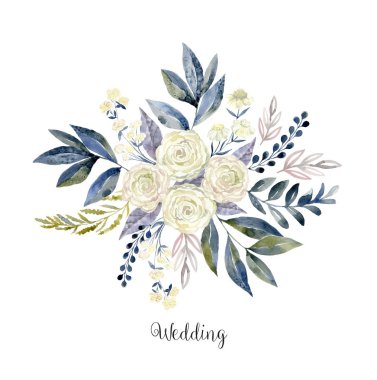 Beyaz üzerine suluboya elle çizilmiş çiçek kompozisyon