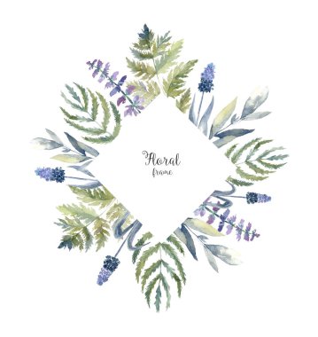 Suluboya sulak çerçeve çiçekli. Orman yaprak kartıyla sanat.