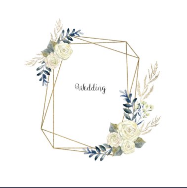 Çiçekler suluboya çerçeveli. Beyaz gül kartıyla sanat.