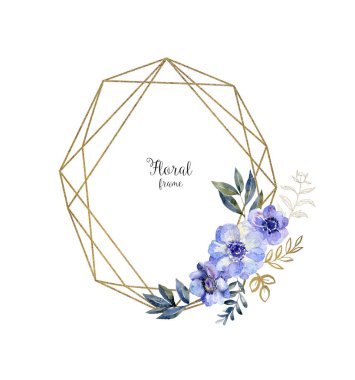 Suluboya sulak çerçeve çiçekli. Mavi anemon çiçeği kartıyla sanat