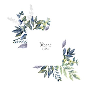 Suluboya sulak çerçeve çiçek ve orman yaprak ile.