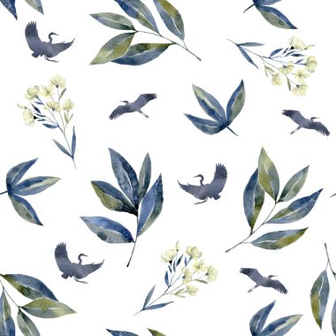 Orman çiçekler suluboya resimlerle. Vinçler, mavi leylak yaprak ile sorunsuz.